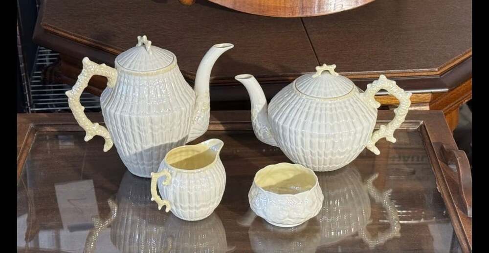 Belleek Irish Porcelain Limpet Yellow Luster Teapot and Creamer Set